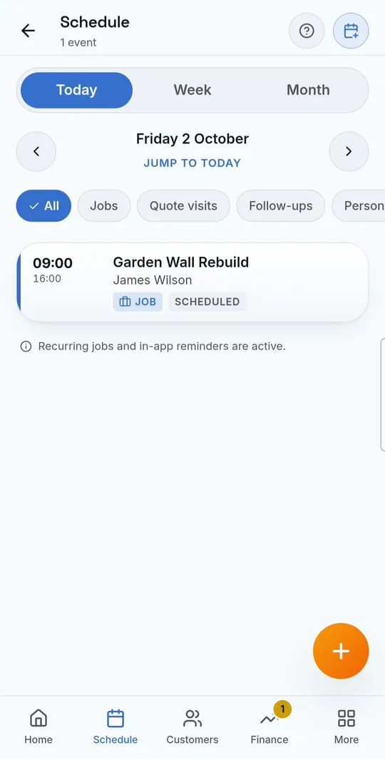 TradersFlow Schedule showing day, week and month views and adding a scheduled job